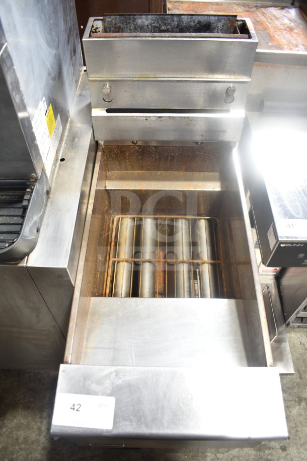 Pitco Frialator commercial deep fat fryer, natural gas, 110,000 BTU, visible wear, sticker shows model details.