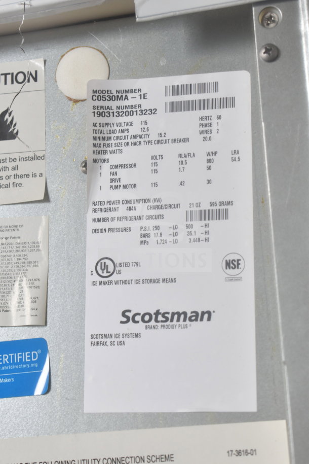 2019 Scotsman C0530MA-1E Ice Head label, showing model, serial number, 115V, 1 Phase, listing certifications.