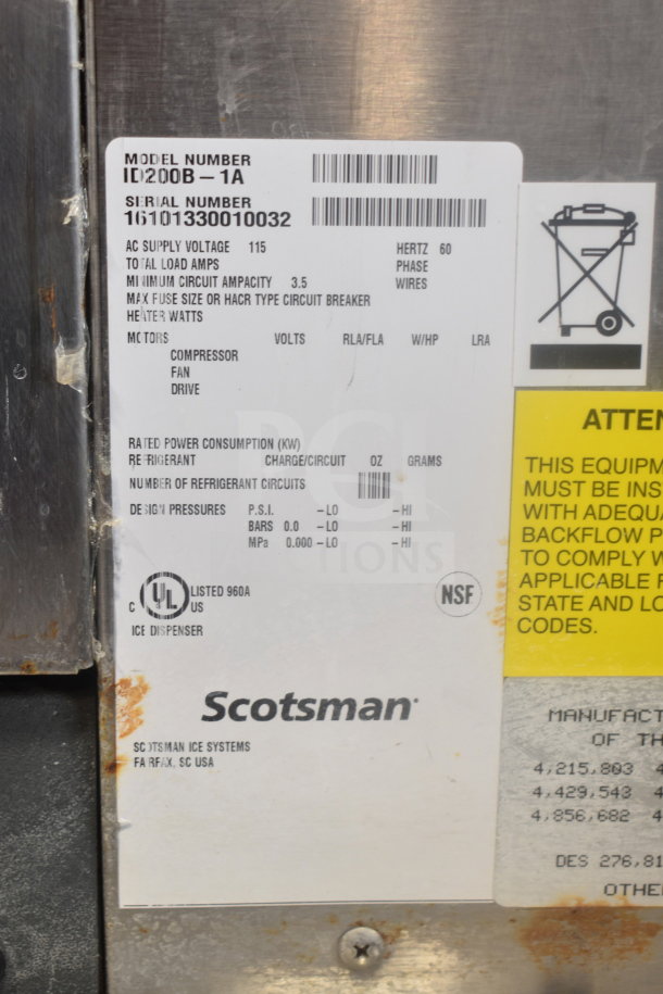 2019 Scotsman C0530MA-1E Ice Head on ID200B-1A Dispenser. 115V, 1 Phase, tags show model and serial number details.