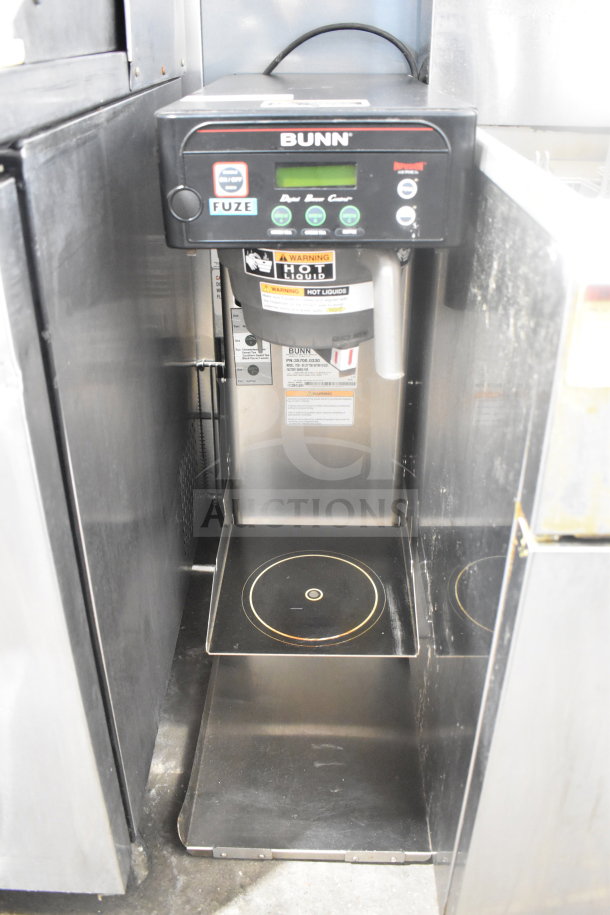 Bunn ITCB-DV Commercial Iced Tea Machine, 120V, stainless steel, digital controls, hot liquid warning label visible.