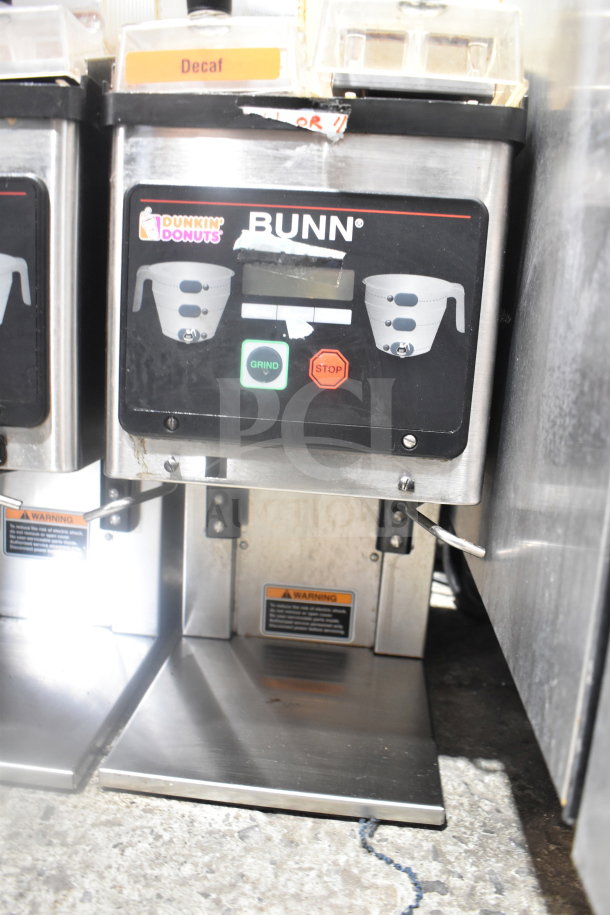 Bunn MHG Commercial Coffee Bean Grinder, 2 hoppers, no lids, 120V, 1 phase, visible labels, used condition.