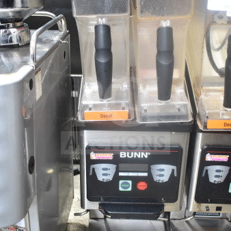 Bunn MHG Commercial Countertop 2 Hopper Coffee Bean Grinder, 120 Volts, 1 Phase, visible control panel, labeled "Decaf."