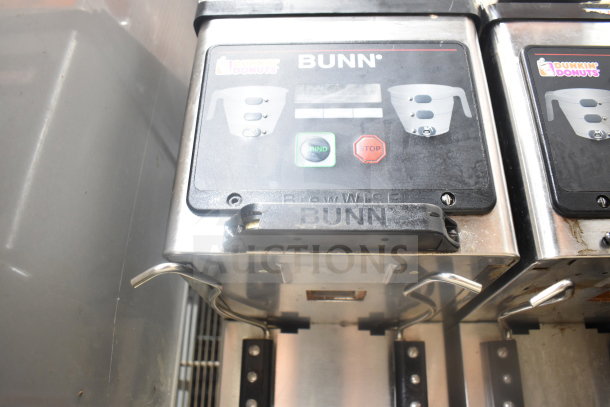 Bunn MHG Commercial Countertop 2 Hopper Coffee Bean Grinder with grind and stop buttons. 120 Volts, 1 Phase, logo visible.