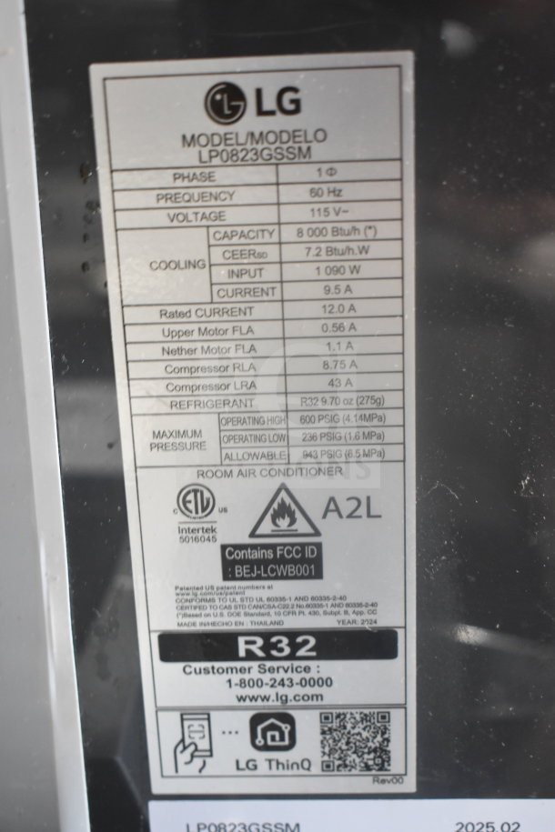 LG LP0823GSSM Portable Air Conditioner, 115V, 1 Phase, 8000 BTU, R32 refrigerant, model label with technical specs visible.
