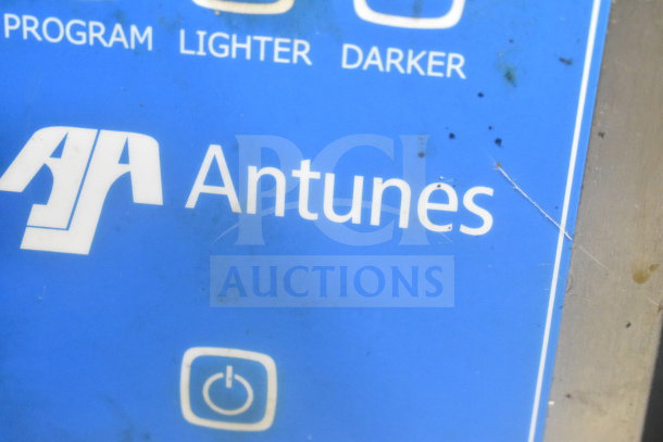 AJ Antunes Commercial Countertop Bun Toaster, blue control panel, program settings for lighter/darker toasting.