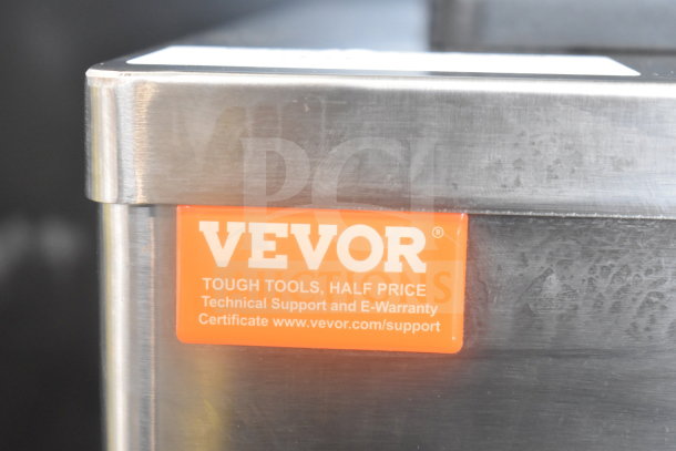 Vevor BOL-7220T Ice Cream Machine, stainless steel, orange label with support info, on equipment stand.