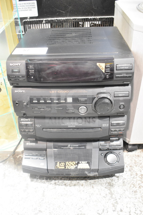 Sony LBT-D590 CD Player, multi-component system with tuner, equalizer, and 5-CD changer; condition appears used.
