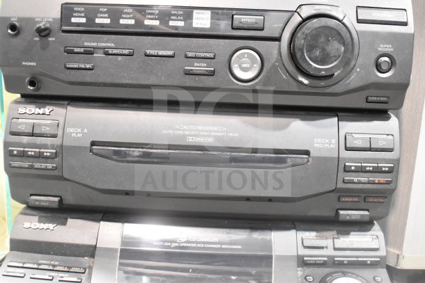 Sony CD player with multi-jog dial, CD changer mechanism, and Dolby B NR. Features include auto-reverse and sound controls.