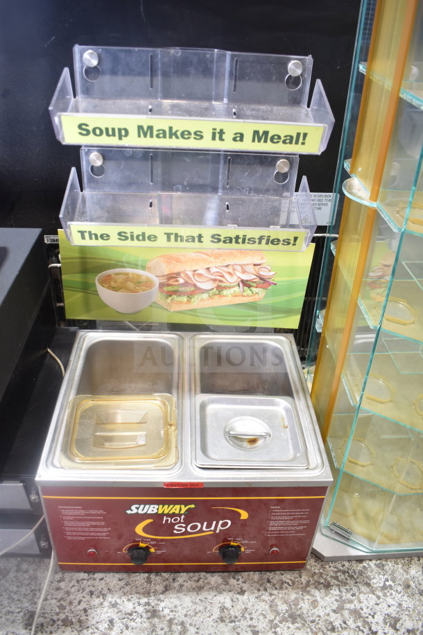 Nemco 6130-SUB two-well commercial food warmer with poly holder, 120 volts, 1 phase. Includes soup-themed signage.