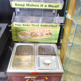 Nemco 6130-SUB two-well commercial food warmer with poly holder, 120 volts, 1 phase. Includes soup-themed signage.