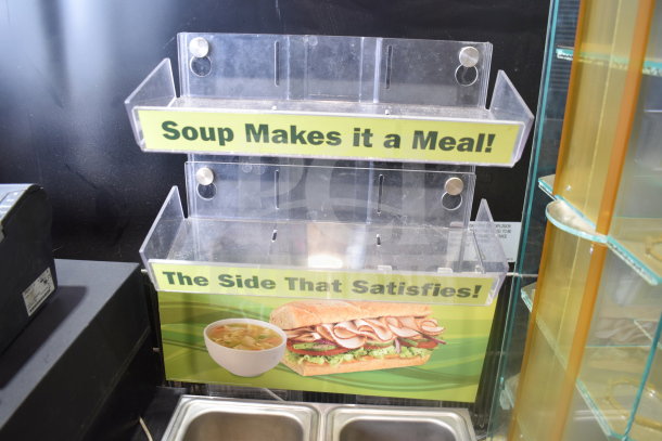 Nemco 6130-SUB food warmer with dual wells and poly holder. Includes clear signage: "Soup Makes it a Meal!" 120V, 1 phase.