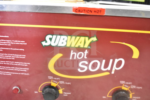 Nemco 6130-SUB Commercial Countertop 2 Well Food Warmer with Subway branding, control knobs, and "Caution Hot" label.