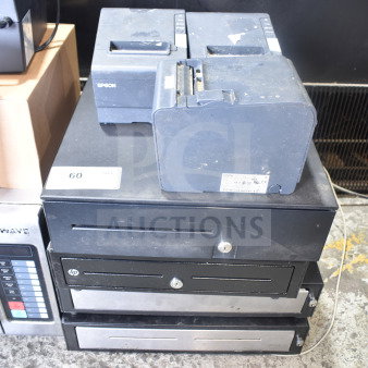 7 items including 4 cash drawers and 3 Epson receipt printers. Used condition, visible wear, label "60".