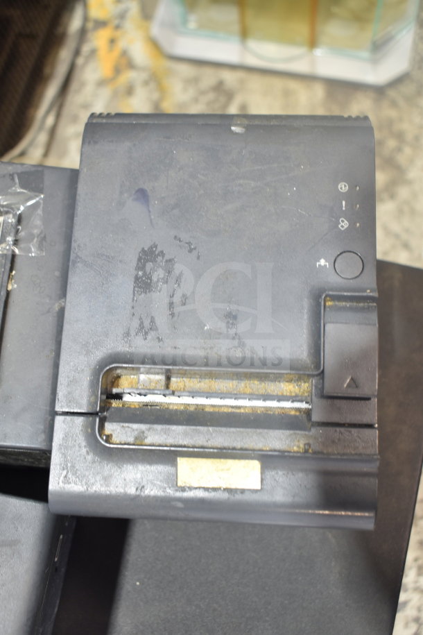 Seven-item bundle including four cash drawers and three Epson receipt printers. Items show wear and need maintenance.