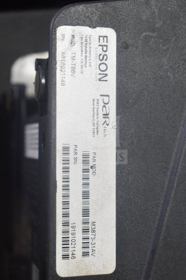 Epson TM-T88V receipt printer with visible serial and model numbers, part of a lot including cash drawers.
