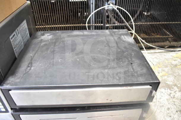 Four used cash drawers with visible wear marks and three Epson receipt printers, bundled for auction.