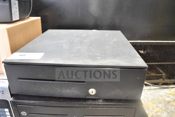 7 mixed items including 4 cash drawers and 3 Epson receipt printers. Dusty condition, labeled "60", multiple units.