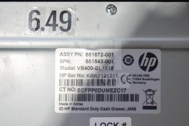 HP cash drawer label with model VB400-BL1616, serial number KRK1121217, made in Korea.