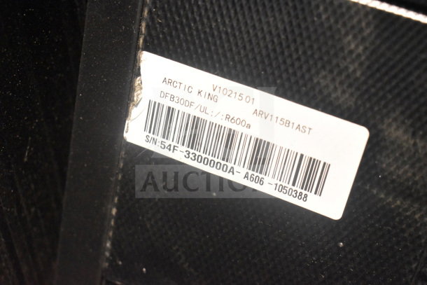Arctic King ARV115B1AST Mini Cooler Merchandiser label with model details and serial number.