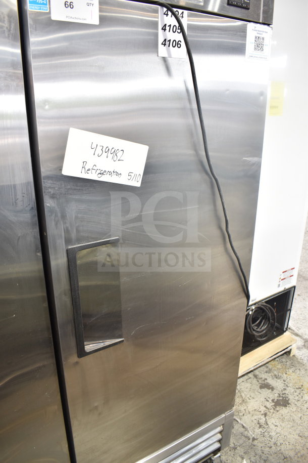 2022 True T-19F-HC single door commercial freezer, stainless steel, on casters, 115 volts, model label visible, sleek condition.