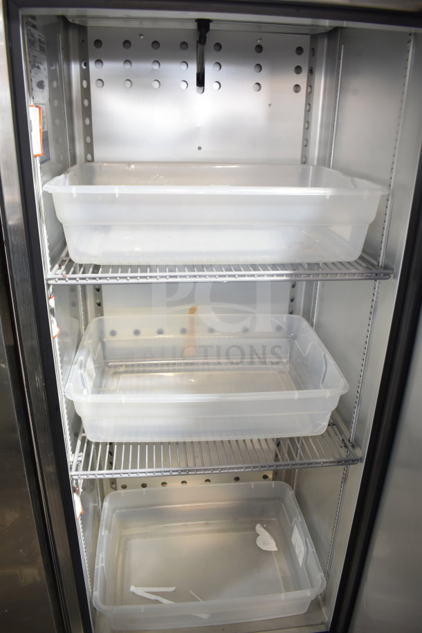 2022 True T-19F-HC commercial reach-in freezer, single door, on casters, 115V, with adjustable shelves, excellent condition.