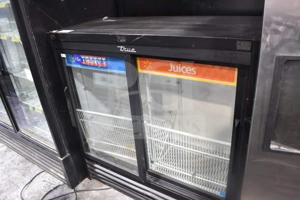 2019 True GDM-41SL-48-HC-LD commercial cooler, 2 glass doors, black frame, labeled for beverages, used condition.