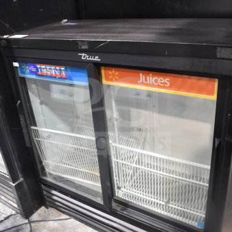 2019 True GDM-41SL-48-HC-LD commercial cooler, 2 glass doors, black frame, labeled for beverages, used condition.