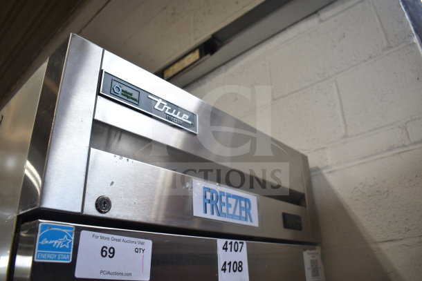 2022 True T-19F-HC commercial reach-in freezer, stainless steel, on casters, Energy Star label, model details visible.