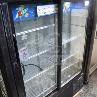 Habco ESM14SL60C commercial 2-door reach-in cooler merchandiser, 115 volts, 1 phase, visible 7UP branding, several shelves.
