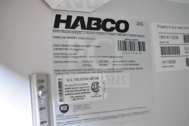 Habco ESM14SL60C commercial cooler label detailing model, electrical rating, pressure specs, and compliance certifications.