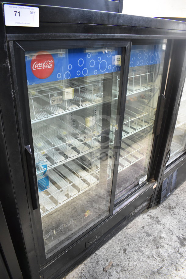 True GDM-41SL-60EM-LD Commercial 2-Door Reach-In Cooler Merchandiser, features sliding glass doors, 115V, used condition.