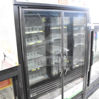 True GDM-41SL-60EM-LD 2 Door Cooler Merchandiser, glass doors, branding visible, good condition.