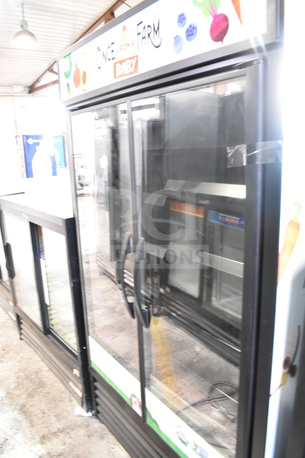 True GDM-41SL-60EM-LD Commercial 2 Door Reach-In Cooler, glass doors, 115V, branded as "Once Upon a Farm Baby."