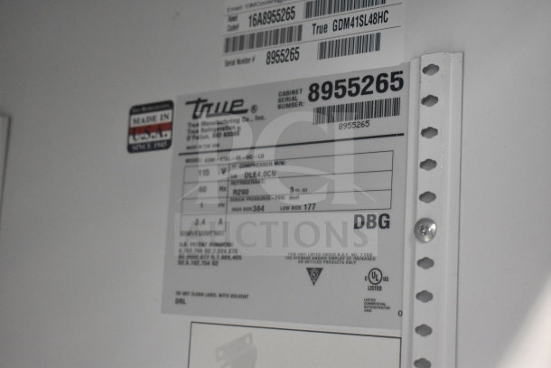 2016 True GDM-41SL-48-HC-LD commercial cooler label, 115 volts, 1 phase, model details, and serial number visible.