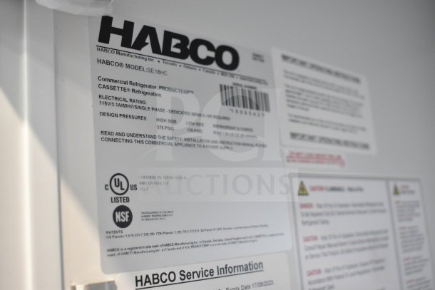 2019 Habco SE18 commercial cooler, 115V, 1 phase. Label shows UL and NSF certifications, model SE18HC info.