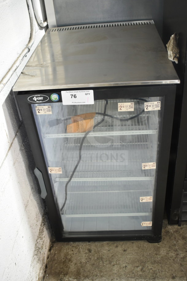 2024 QBD DC6LP-HC Mini Cooler Merchandiser, single door, 115 volts, good condition, visible auction tag.