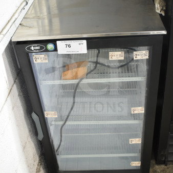 2024 QBD DC6LP-HC Mini Cooler Merchandiser, single door, 115 volts, good condition, visible auction tag.