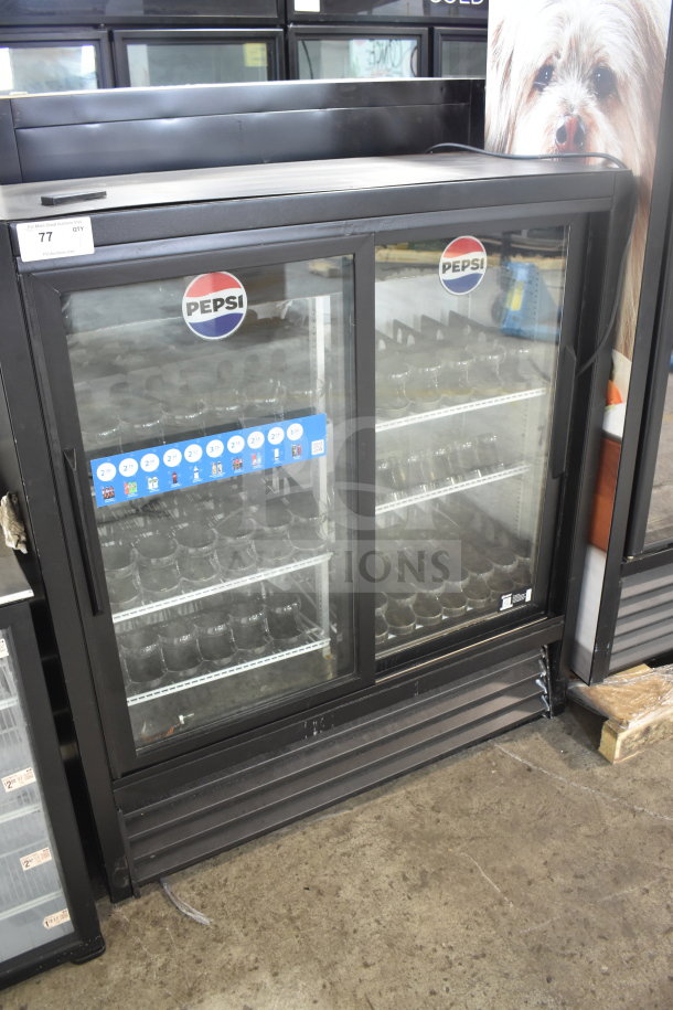 True GDM-41SL-54 2 Door Reach-In Cooler Merchandiser, Pepsi branding, 115 Volts, 1 Phase, used condition.
