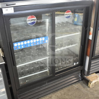 True GDM-41SL-54 2 Door Reach-In Cooler Merchandiser, Pepsi branding, 115 Volts, 1 Phase, used condition.