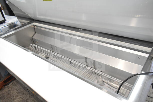 BRAND NEW SCRATCH AND DENT! 2025 Mainstreet 829PT72M sandwich salad prep table; 115V, 1 Phase, mega top, visible shelves.