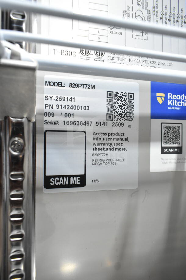 Mainstreet 829PT72M Sandwich Prep Table label. Shows model info, QR codes, and specs for 115V, 1 Phase.