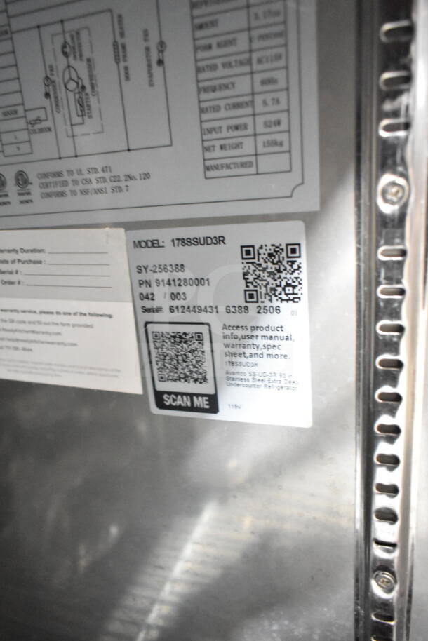 QR code label on Avantco 178SSUD3R, 3-door undercounter cooler, 115V, commercial use. Model and serial details visible.