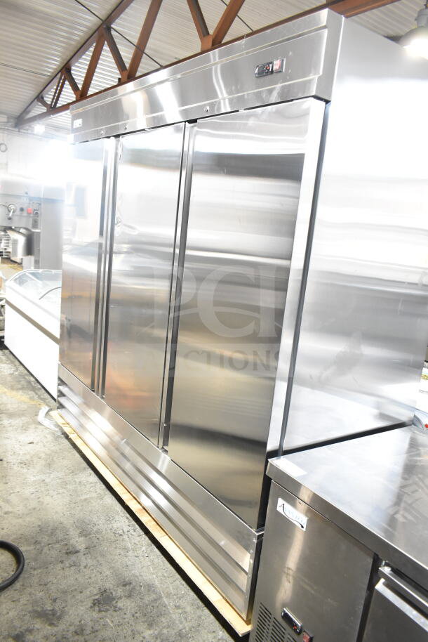 Brand new Avantco 178SSUD3R 3-door reach-in freezer, 115V, 1 phase, slight scratches, commercial use, 2026 model.