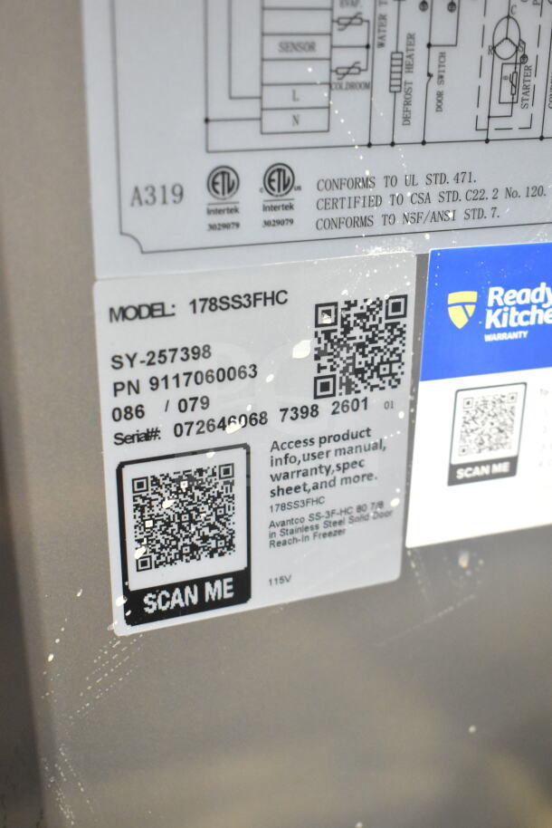 "Avantco 178SS3FHC commercial freezer model label, showing certifications and QR codes for product info and warranty."
