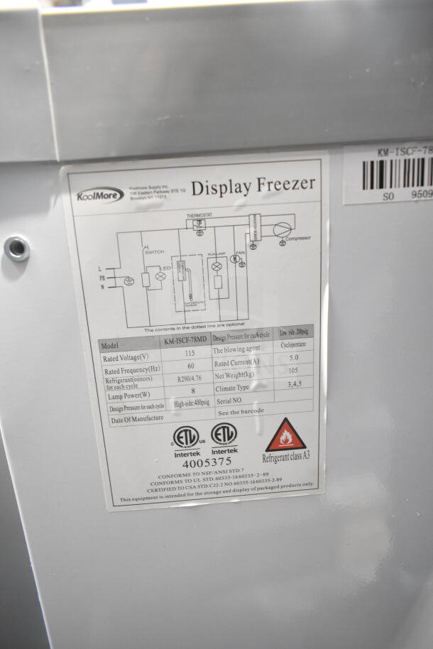 "Brand new KoolMore KM-ISCF-78MD island chest freezer, 19 cu. ft., 115V, manual defrost. Features ETL certification and refrigerant R290."