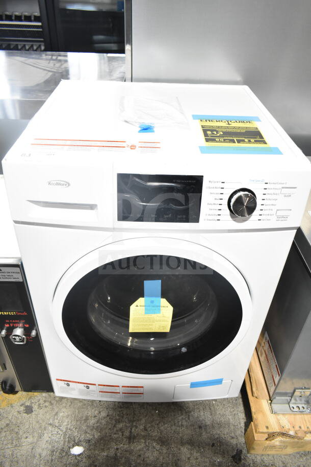 KoolMore FLC-3CWH washer dryer combo, 23 inch, brand new, 2.7 cu ft, 120 volts, visible tags and energy guide.