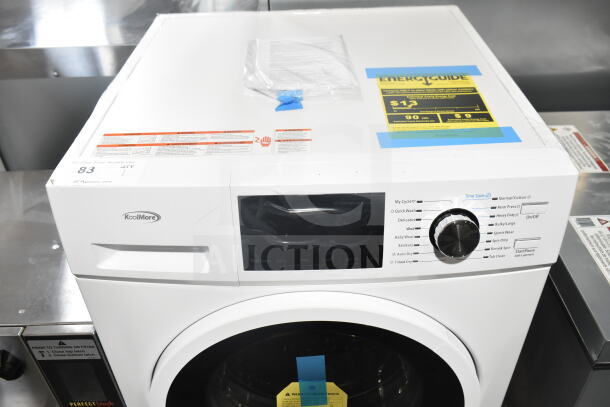 2025 KoolMore FLC-3CWH washer dryer combo, 23-inch, 2.7 cu ft, brand new, minor scratches, Energy Guide label visible.