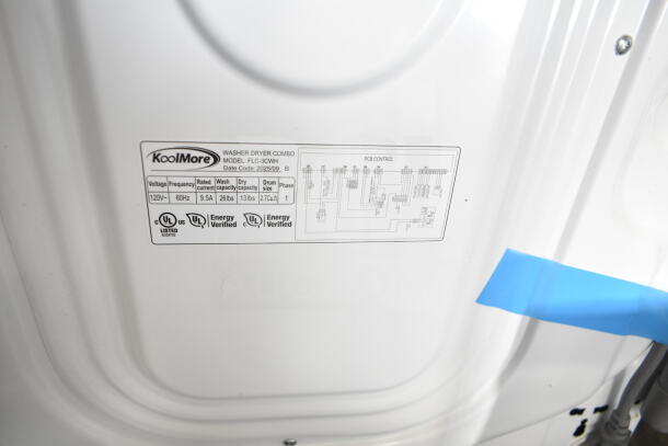 2025 KoolMore FLC-3CWH washer dryer combo, 23", 2.7 cu ft, 120V, new, tag shows model and energy verification details.