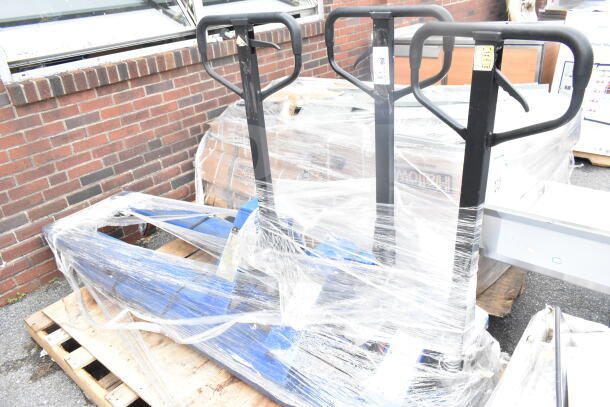 Three brand new Lavex manual pallet jacks with 48" forks, 5,500 lb. capacity, wrapped in plastic. Scratch and dent condition.