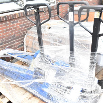 Three brand new Lavex manual pallet jacks with 48" forks, 5,500 lb. capacity, wrapped in plastic. Scratch and dent condition.